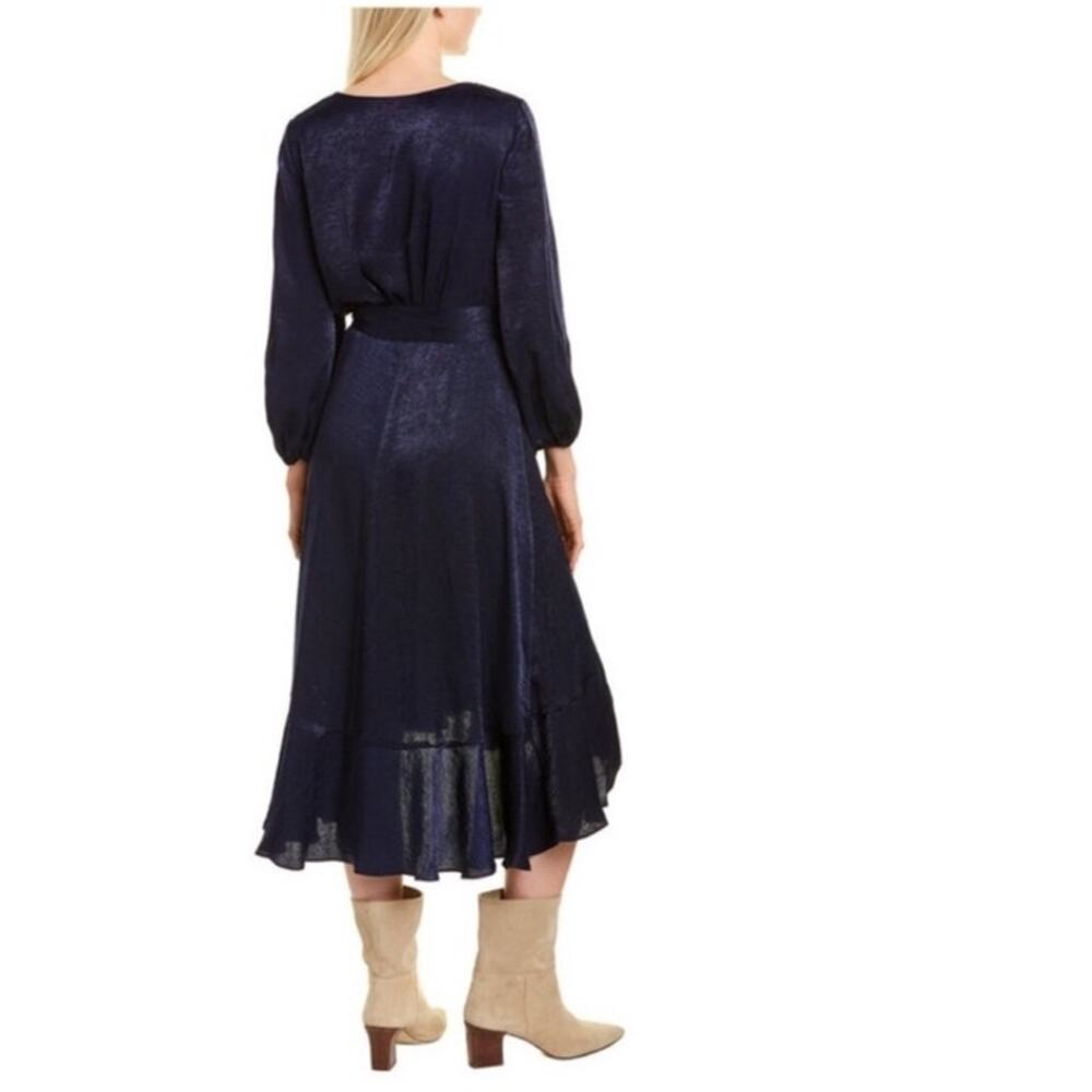 Gal Meets Glam Jennifer Navy Midi Satin Ruffle Wrap Hi Low Dress Size 2 - Picture 4 of 11